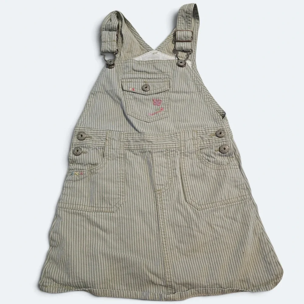 Vintage OshKosh Bgosh Hickory Stripe Overall Dress Sage Green Denim Jumper 4T